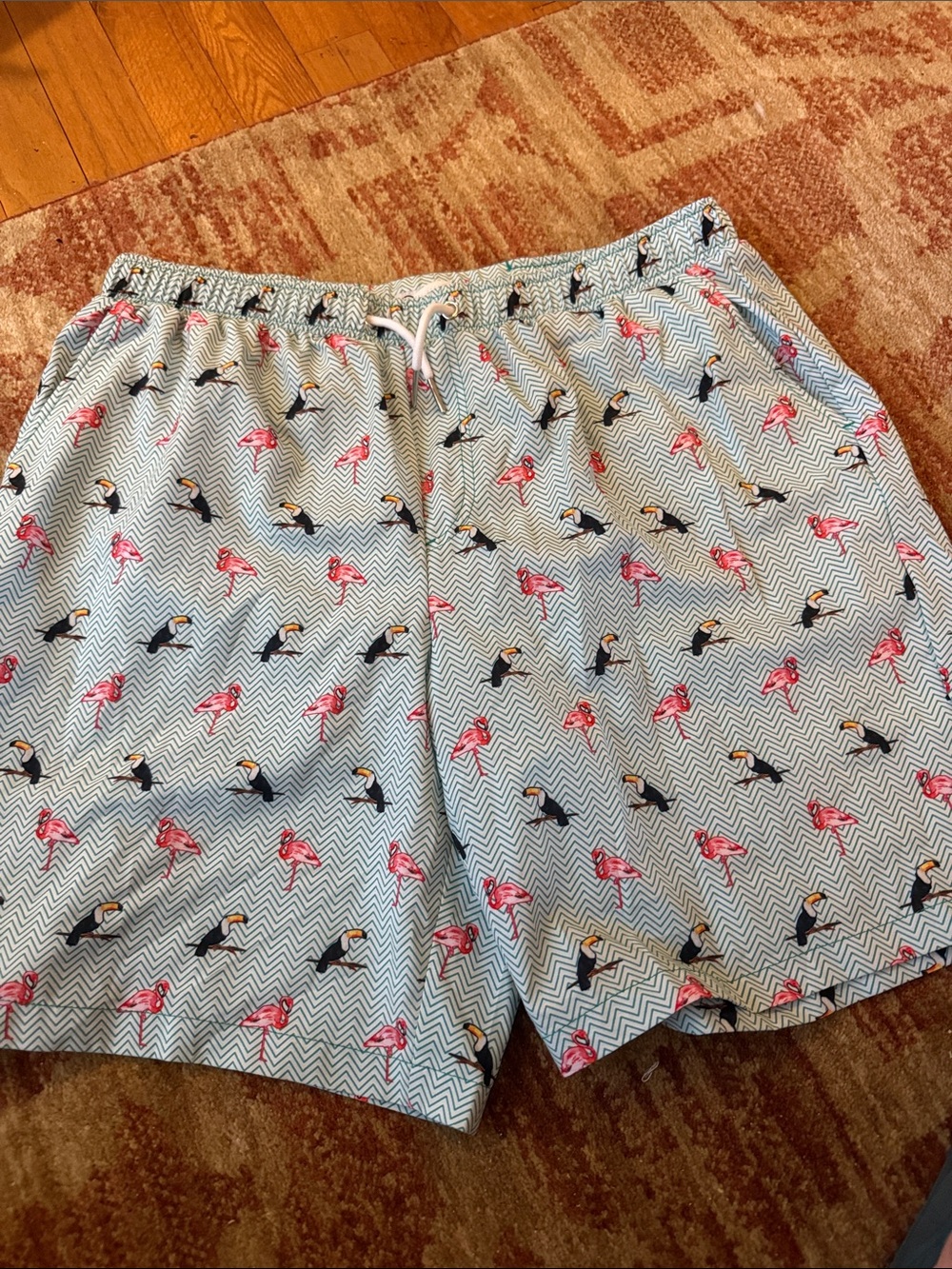Mosmann Men's Light Blue Flamingo Print Swim Trunks